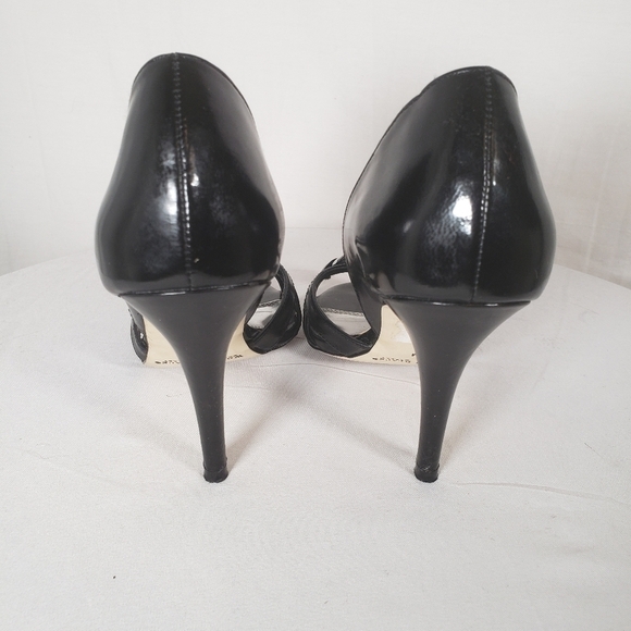 White House Black Market Black Leather Open Toe 3 Inch Heels Sz 6 - Picture 6 of 9